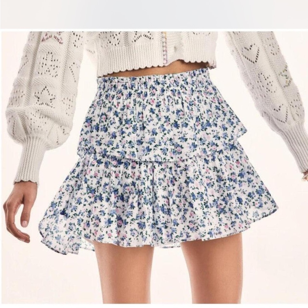 LoveShackFancy Floral Mini Skirt - Blue and White
